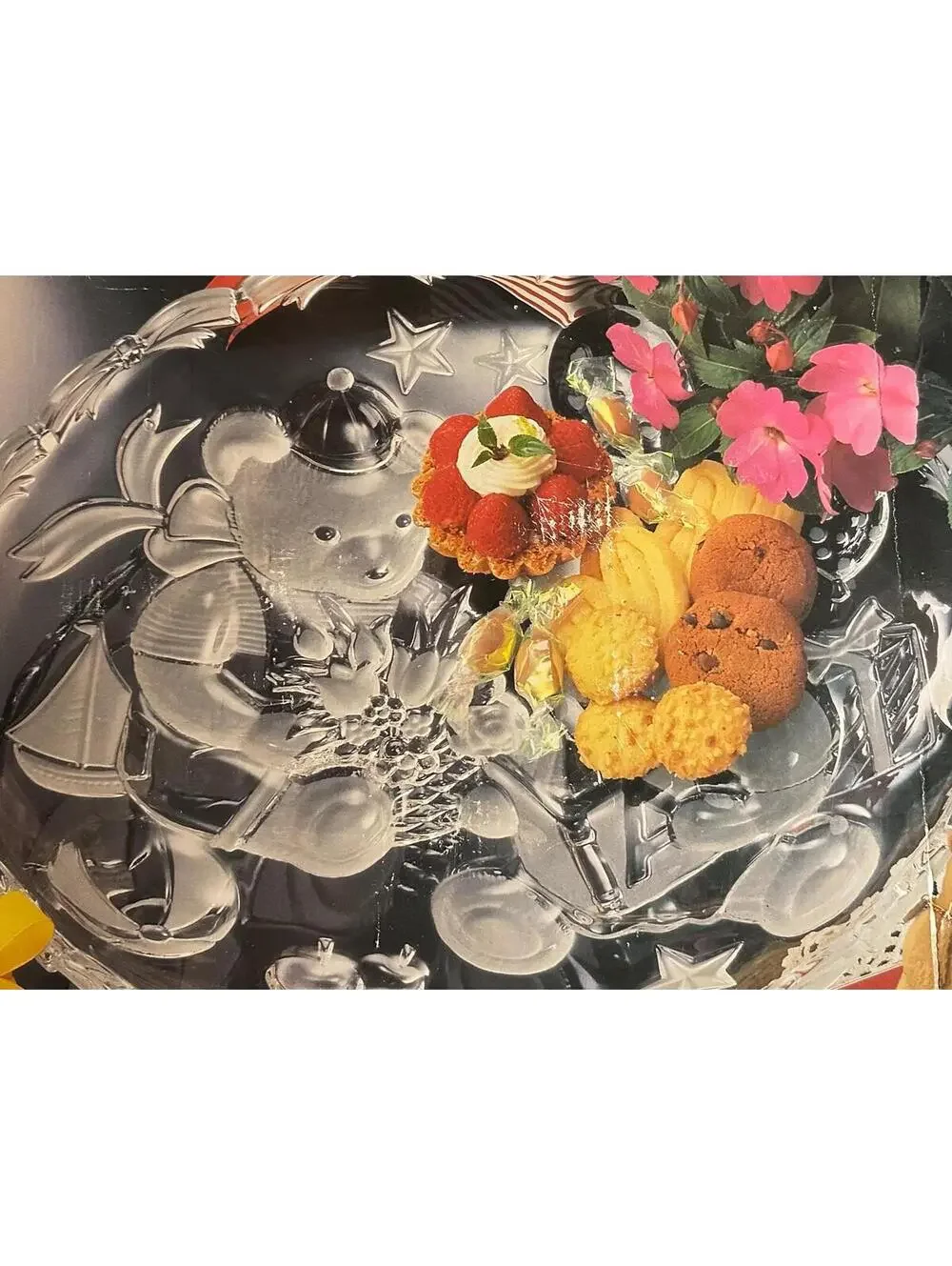 Vintage Glass Serving Plate with Adorable Teddy Bear Design
